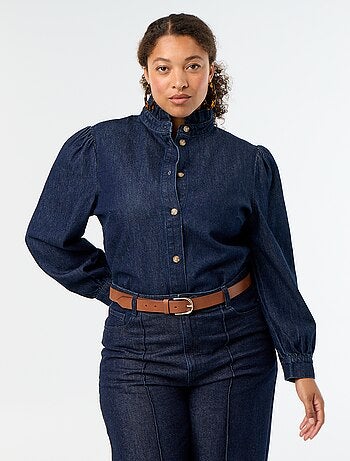 Blusa de ganga com gola subida com folhos