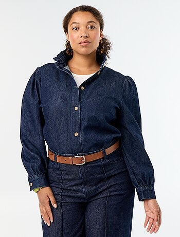 Blusa de ganga com gola subida com folhos