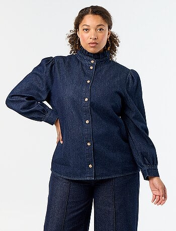 Blusa de ganga com gola subida com folhos