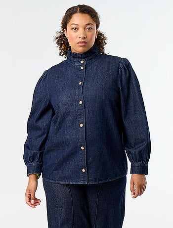 Blusa de ganga com gola subida com folhos