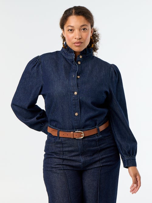 Blusa de ganga com gola subida com folhos - Kiabi Blusa de ganga com gola subida com folhos - Kiabi