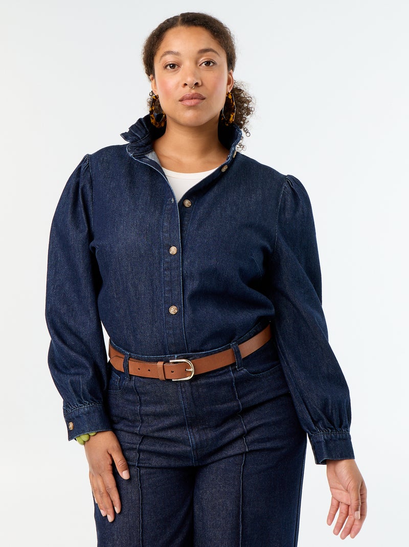 Blusa de ganga com gola subida com folhos Azul - Kiabi