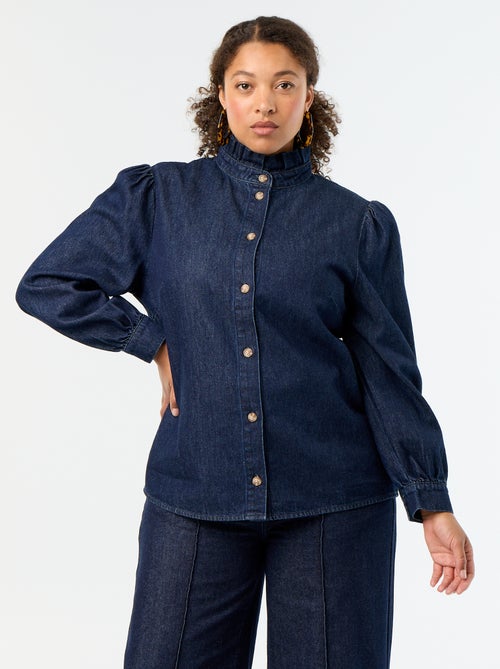 Blusa de ganga com gola subida com folhos - Kiabi Blusa de ganga com gola subida com folhos - Kiabi