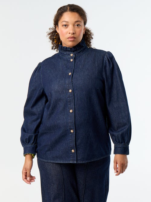 Blusa de ganga com gola subida com folhos - Kiabi Blusa de ganga com gola subida com folhos - Kiabi