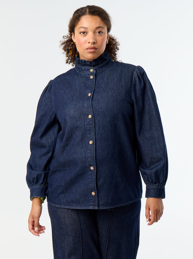 Blusa de ganga com gola subida com folhos Azul - Kiabi