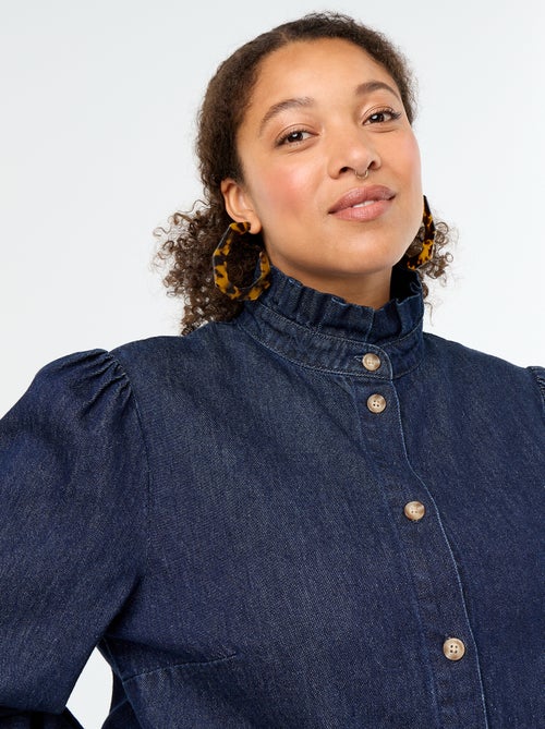 Blusa de ganga com gola subida com folhos - Kiabi Blusa de ganga com gola subida com folhos - Kiabi