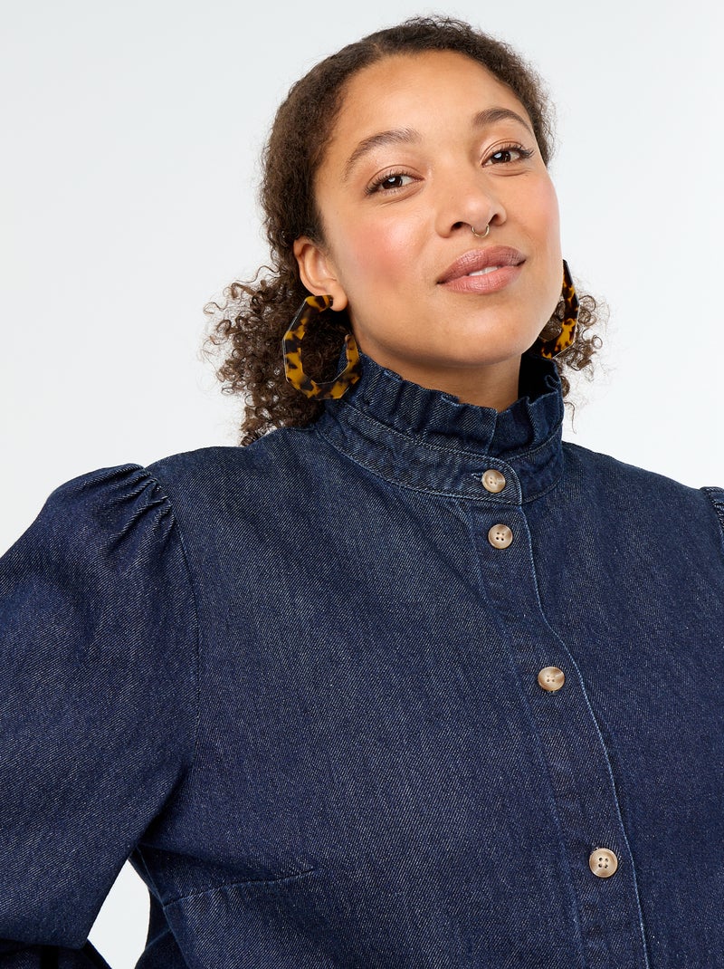 Blusa de ganga com gola subida com folhos Azul - Kiabi