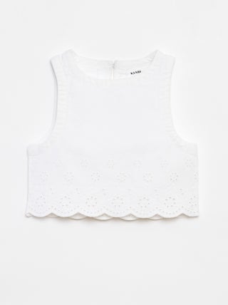 Blusa de ganga sem mangas com bordado inglês