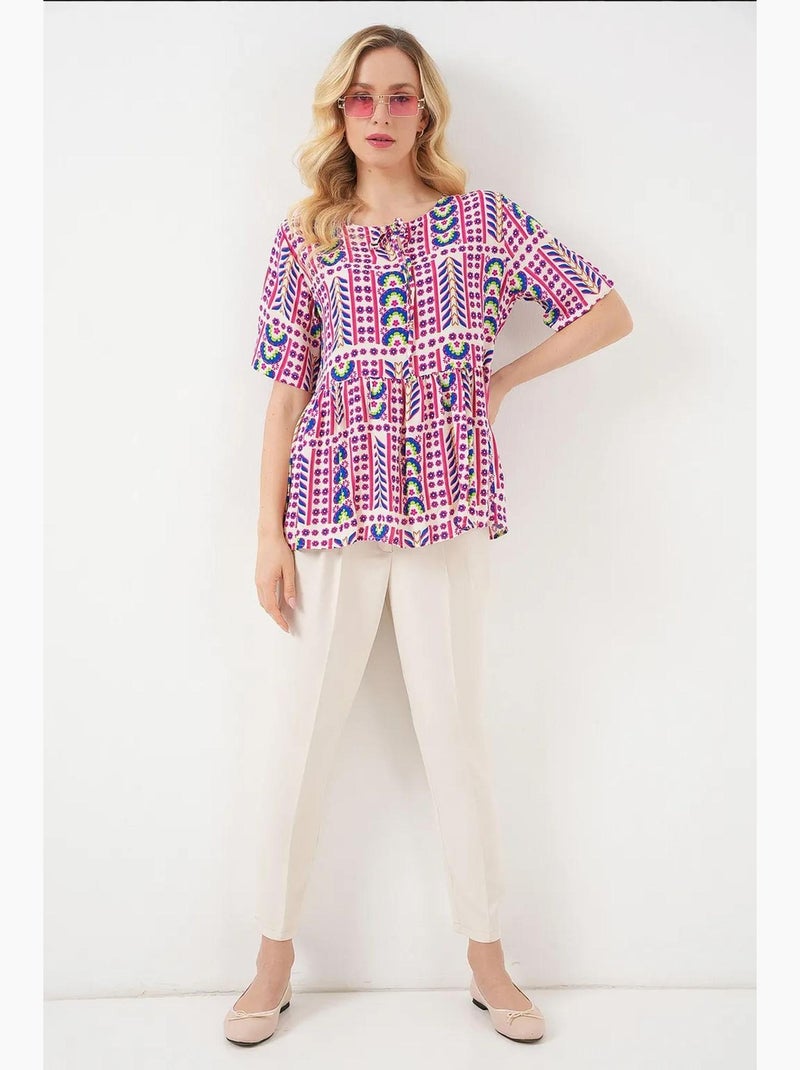 Blusa de gola redonda com padrão e detalhe de laço bdart Magenta - Kiabi