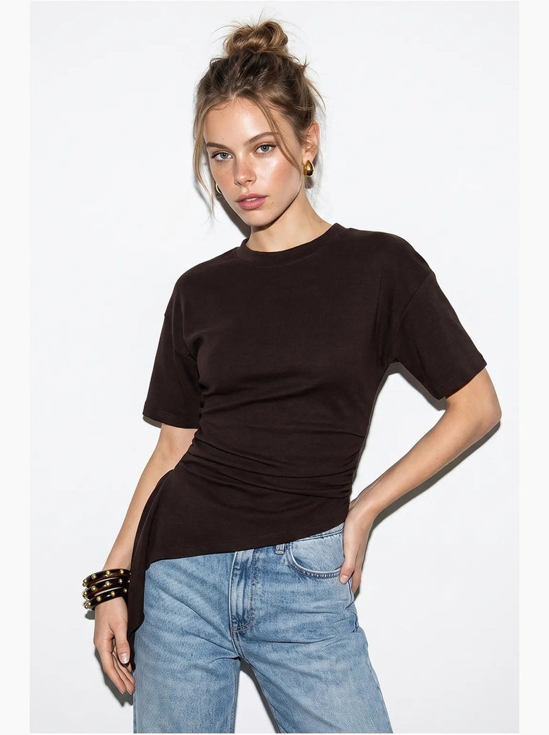 Blusa de jersey ajustada com detalhe drapeado lucci Castanho-chocolate - Kiabi