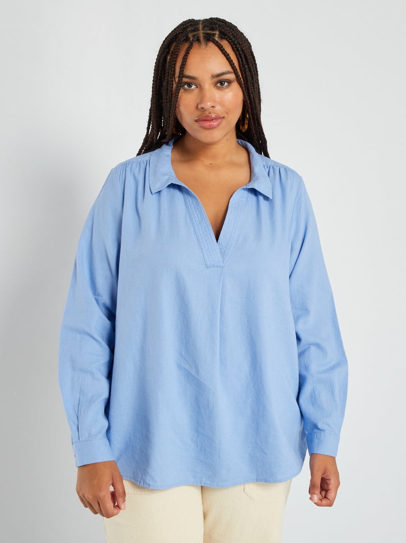 Blusa de linho com decote em bico AZUL - Kiabi