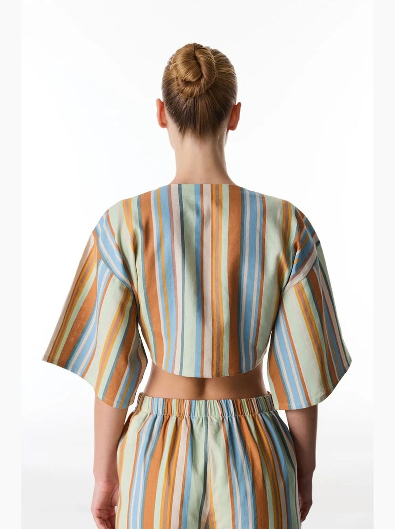 Blusa de linho listrada de manga curta penti Azul - Kiabi
