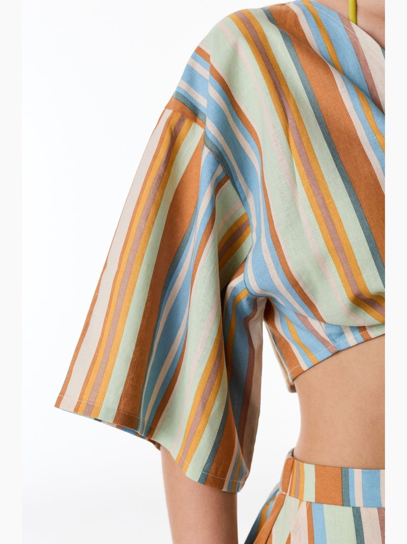 Blusa de linho listrada de manga curta penti Azul - Kiabi