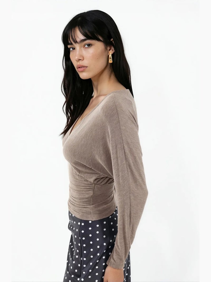 Blusa de malha com decote em v de corte solto busem Toupe - Kiabi