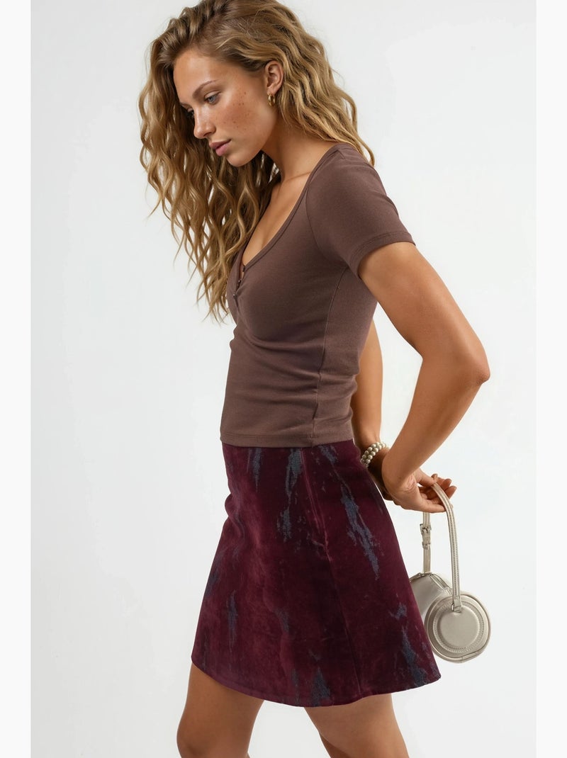 Blusa de malha com decote em v, manga curta e fecho de botões busem Castanho-claro - Kiabi