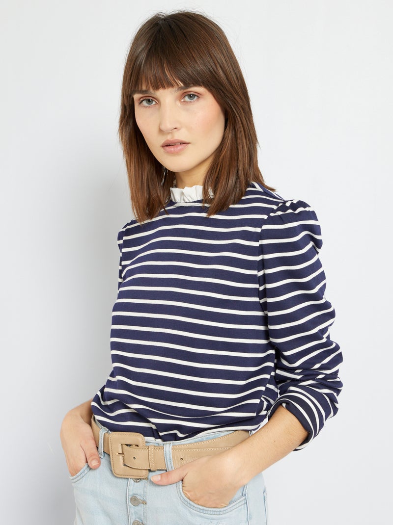 Blusa de malha com gola com frufru AZUL - Kiabi