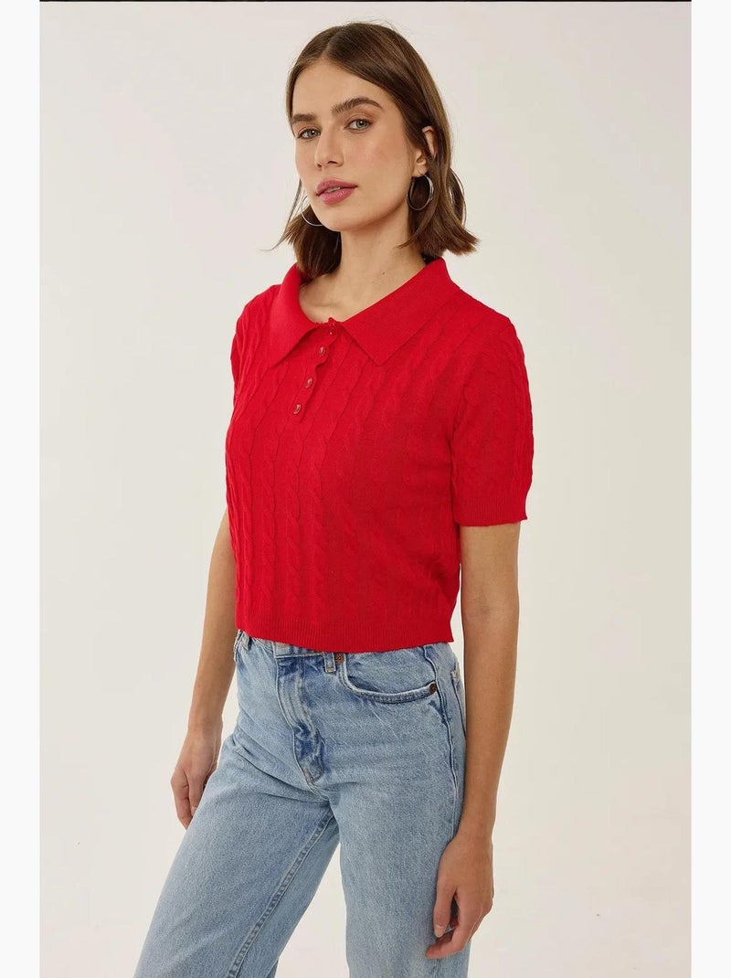 Blusa de malha com gola de camisa e padrão de trança de cabelo hiccup Vermelho - Kiabi