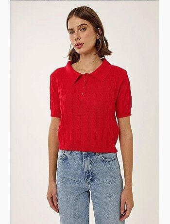 Blusa de malha com gola de camisa e padrão de trança de cabelo