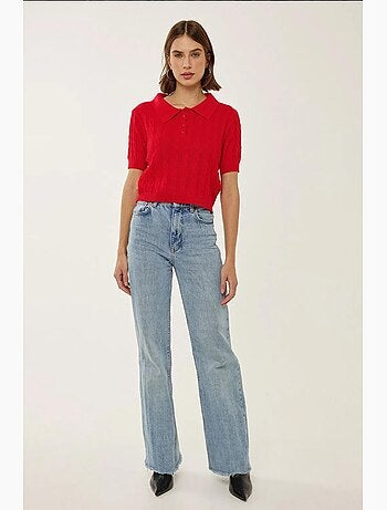 Blusa de malha com gola de camisa e padrão de trança de cabelo
