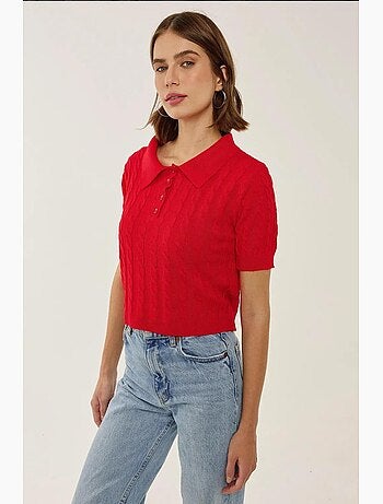 Blusa de malha com gola de camisa e padrão de trança de cabelo