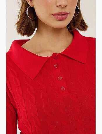 Blusa de malha com gola de camisa e padrão de trança de cabelo