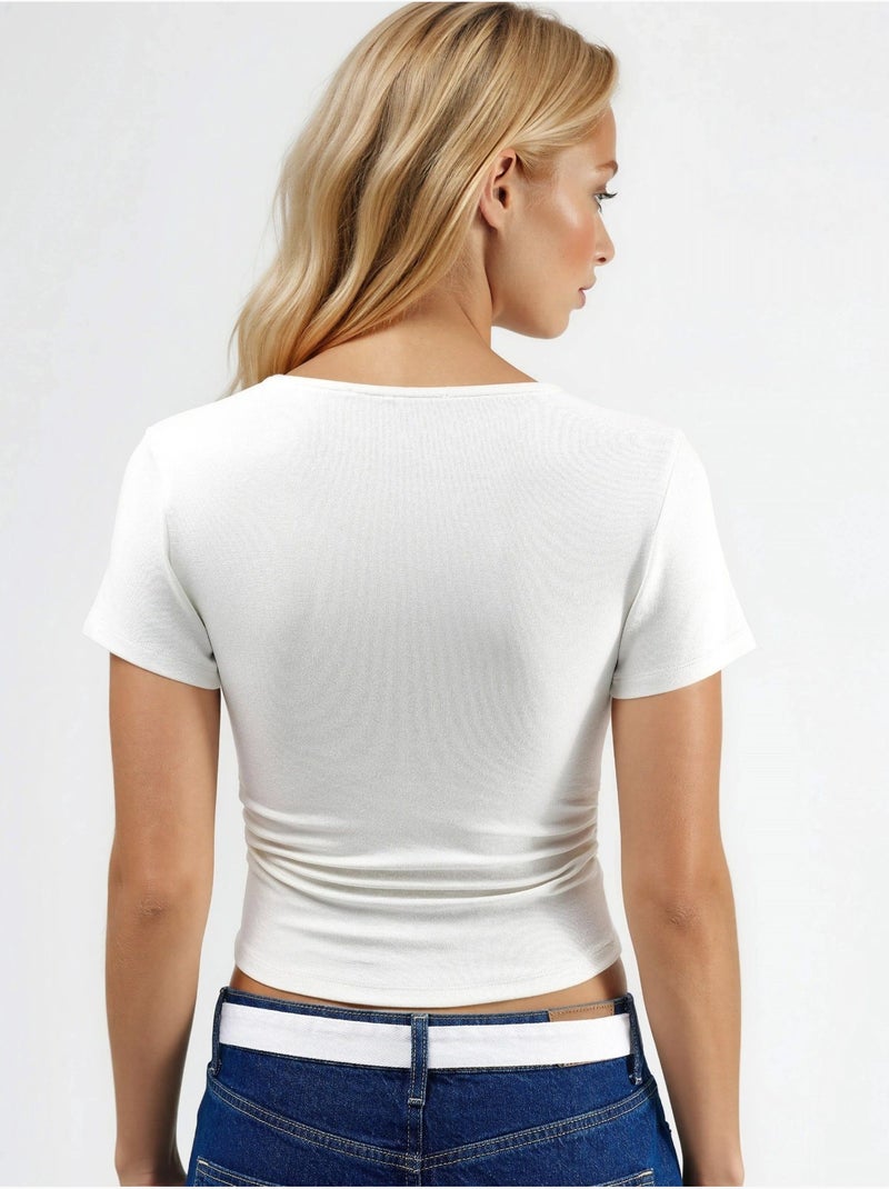 Blusa de malha elástica justa com detalhe drapeado hiccup Branco - Kiabi