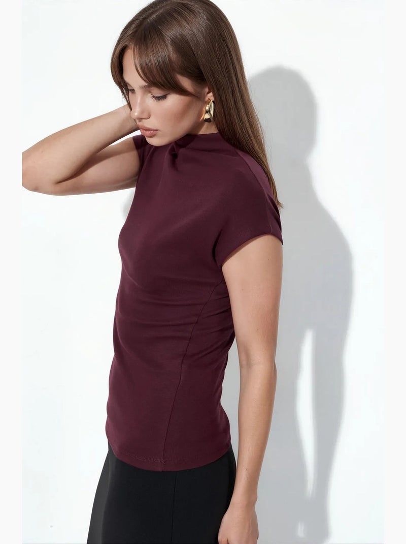 Blusa de malha justa com gola alta e mangas curtas tipo capa busem Vermelho bordô - Kiabi