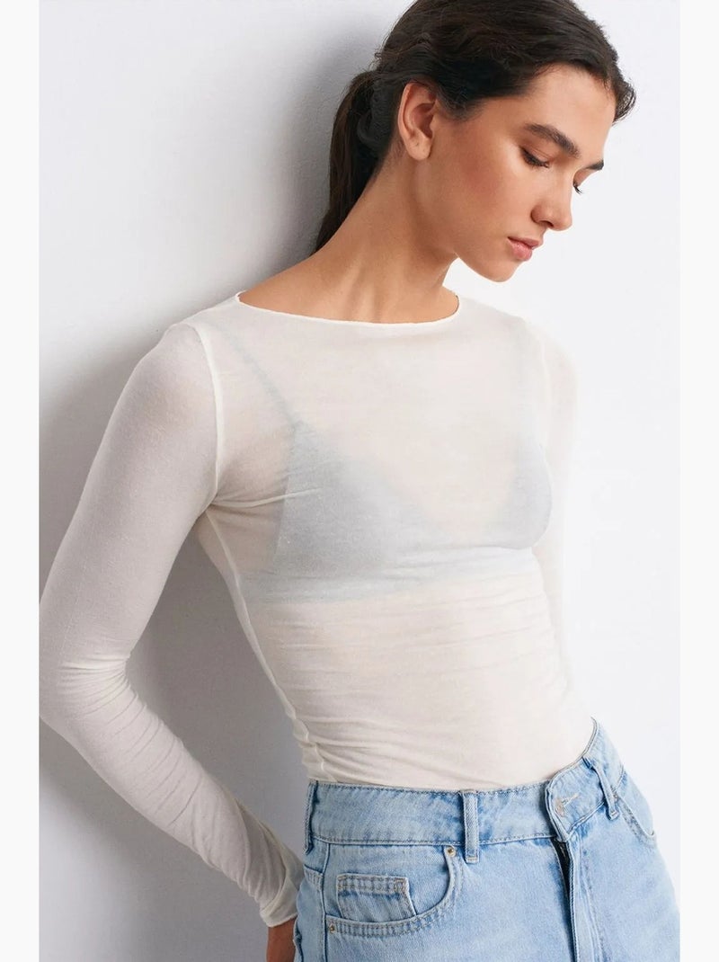 Blusa de malha slim fit com decote barco e manga comprida dilvin Branco sujo - Kiabi