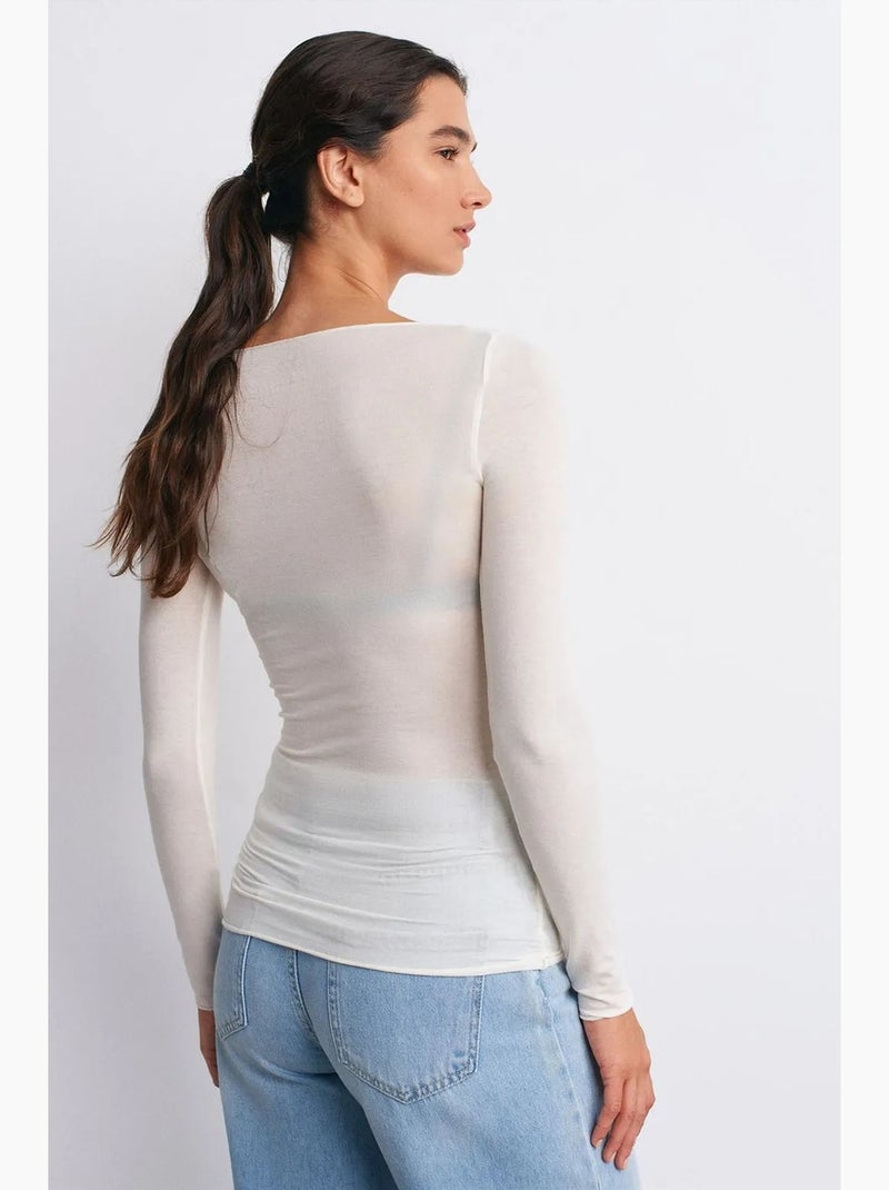 Blusa de malha slim fit com decote barco e manga comprida dilvin Branco sujo - Kiabi