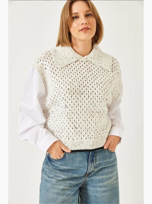 Blusa de malha vazada com gola de camisa lucci - Kiabi Blusa de malha vazada com gola de camisa lucci - Kiabi