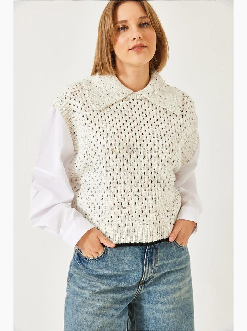 Blusa de malha vazada com gola de camisa lucci Bege-argila - Kiabi