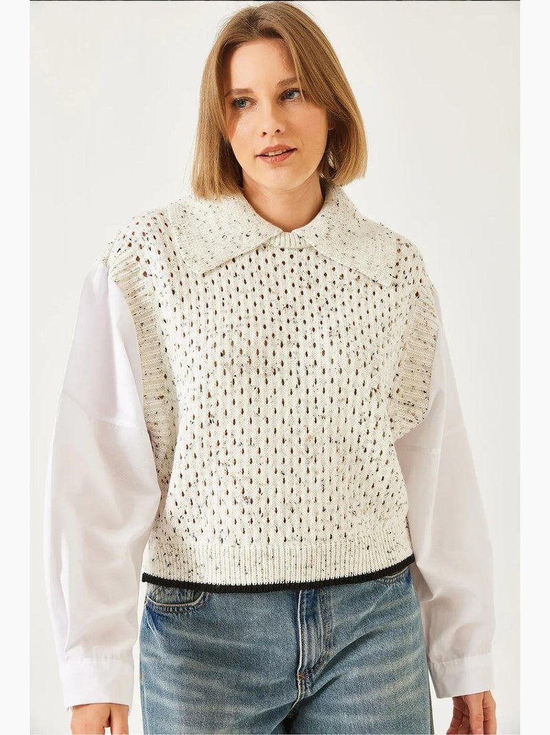 Blusa de malha vazada com gola de camisa lucci Bege-argila - Kiabi