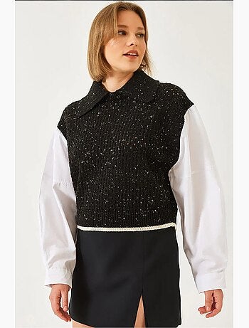 Blusa de malha vazada com gola de camisa lucci