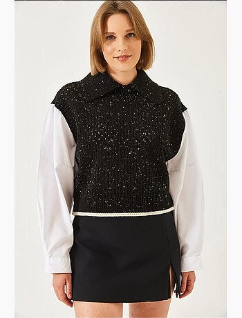 Blusa de malha vazada com gola de camisa lucci