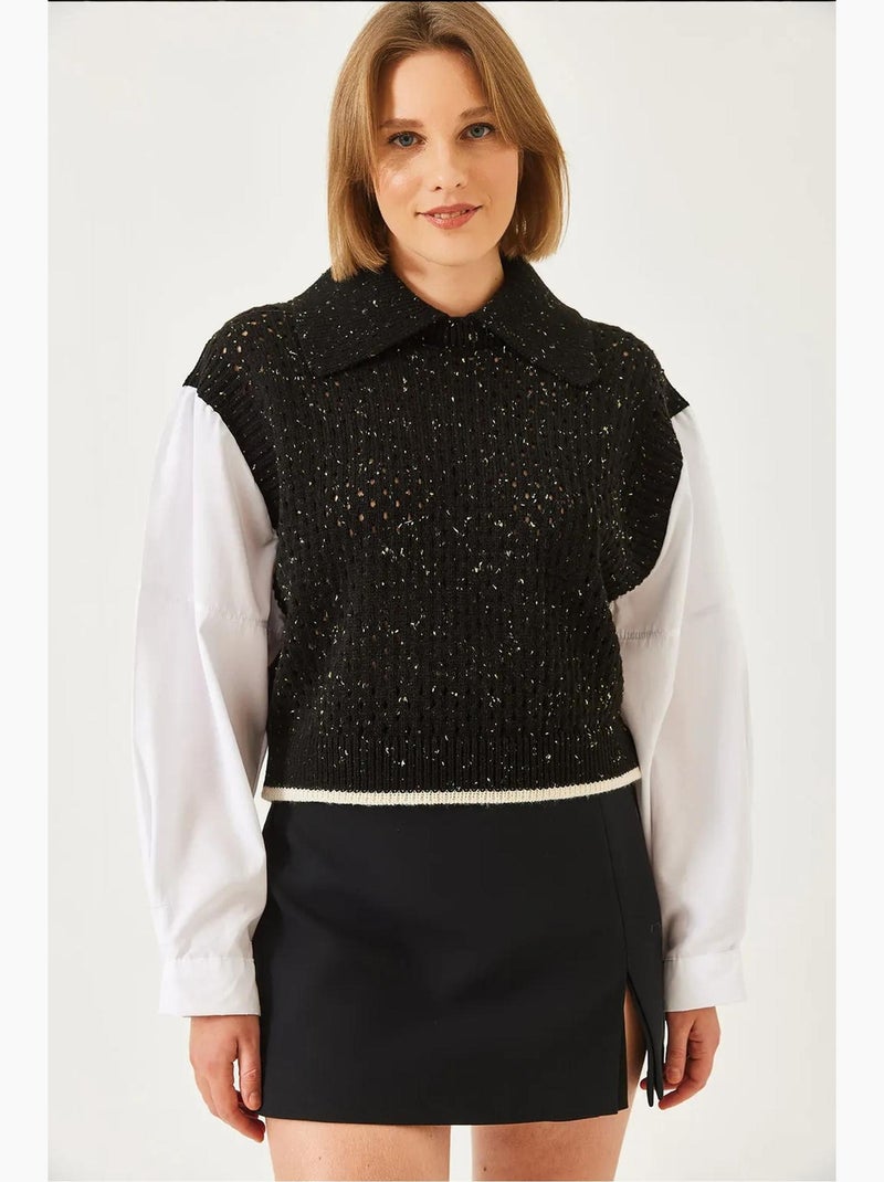 Blusa de malha vazada com gola de camisa lucci Preto - Kiabi
