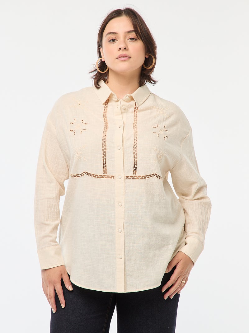 Blusa de manga comprida com bordados ajurados Branco - Kiabi