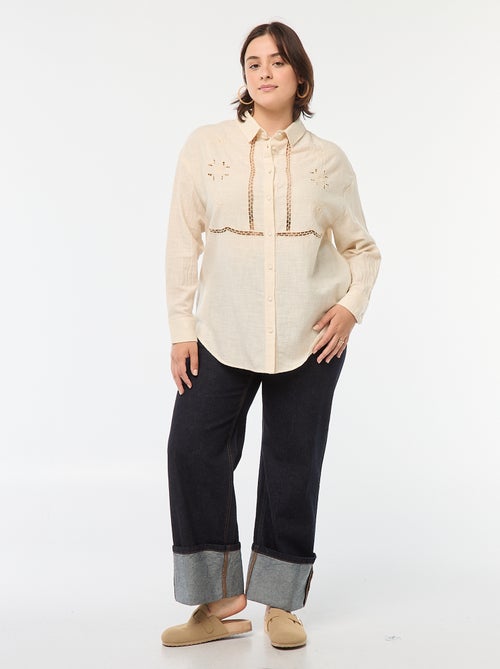 Blusa de manga comprida com bordados ajurados - Kiabi