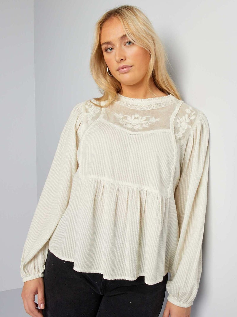 Blusa de manga comprida com bordados BRANCO - Kiabi