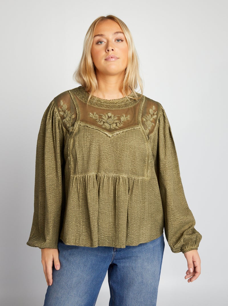 Blusa de manga comprida com bordados CAQUI - Kiabi