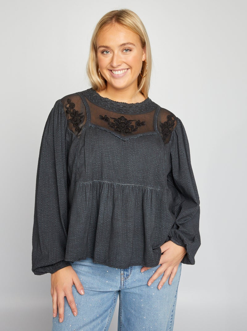Blusa de manga comprida com bordados Preto - Kiabi