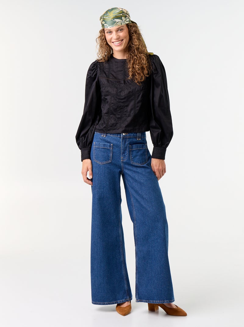 Blusa de manga comprida com bordados Preto - Kiabi