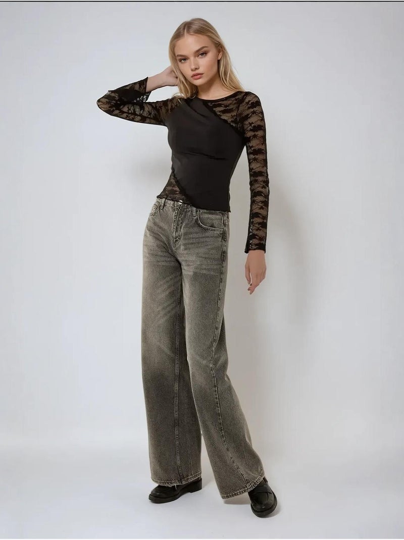 Blusa de manga comprida com detalhe em renda Preto - Kiabi