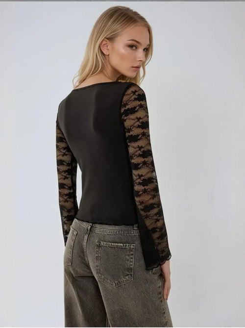 Blusa de manga comprida com detalhe em renda - Kiabi Blusa de manga comprida com detalhe em renda - Kiabi