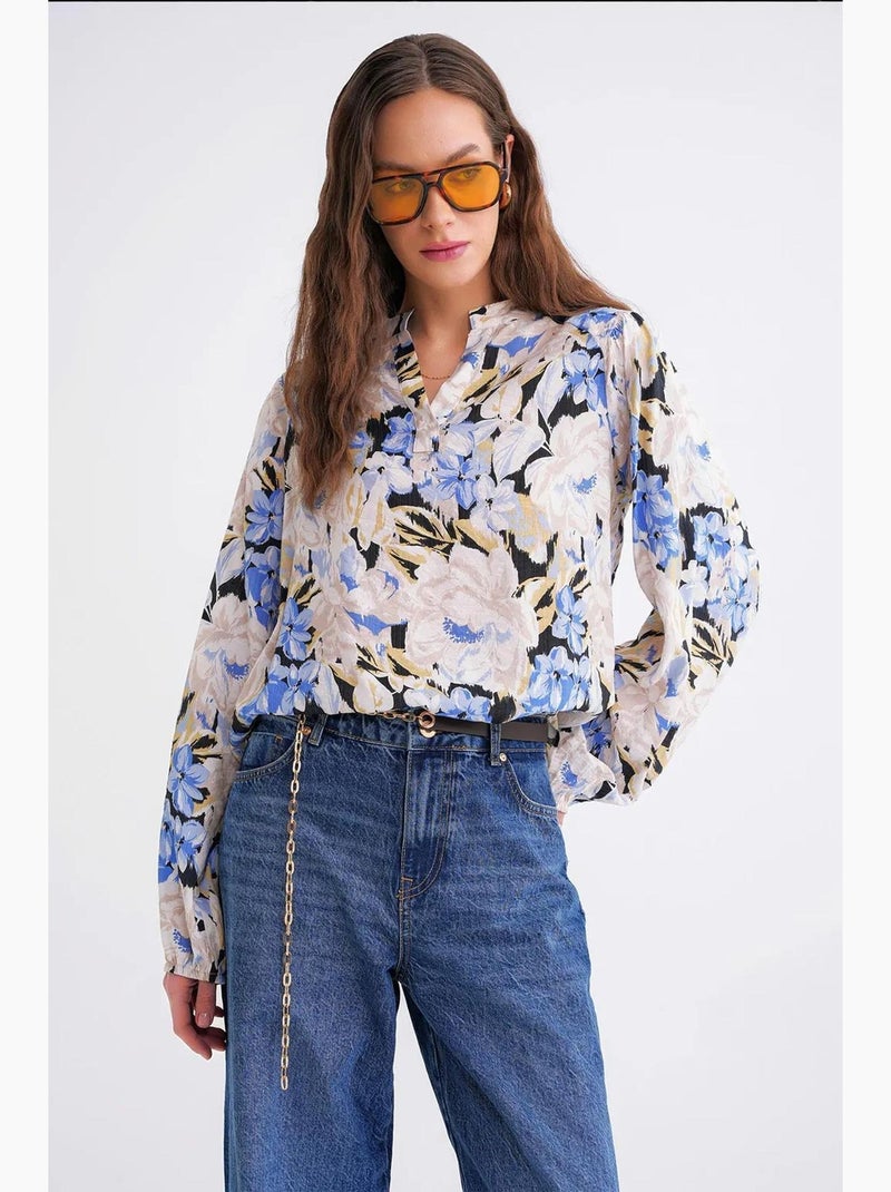 Blusa de manga comprida com estampado floral e gola mandarim mixray Azul claro - Kiabi