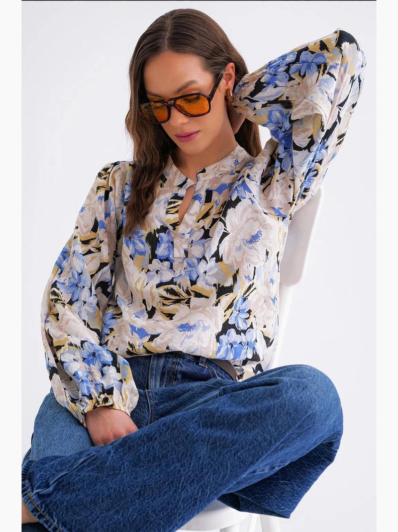 Blusa de manga comprida com estampado floral e gola mandarim mixray Azul claro - Kiabi
