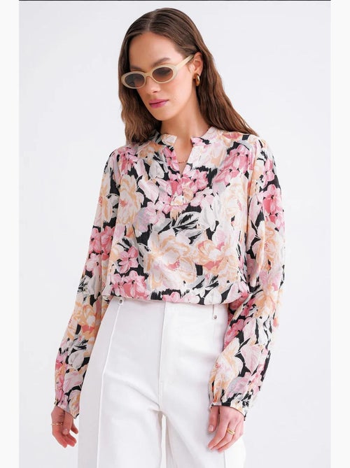 Blusa de manga comprida com estampado floral e gola mandarim mixray - Kiabi