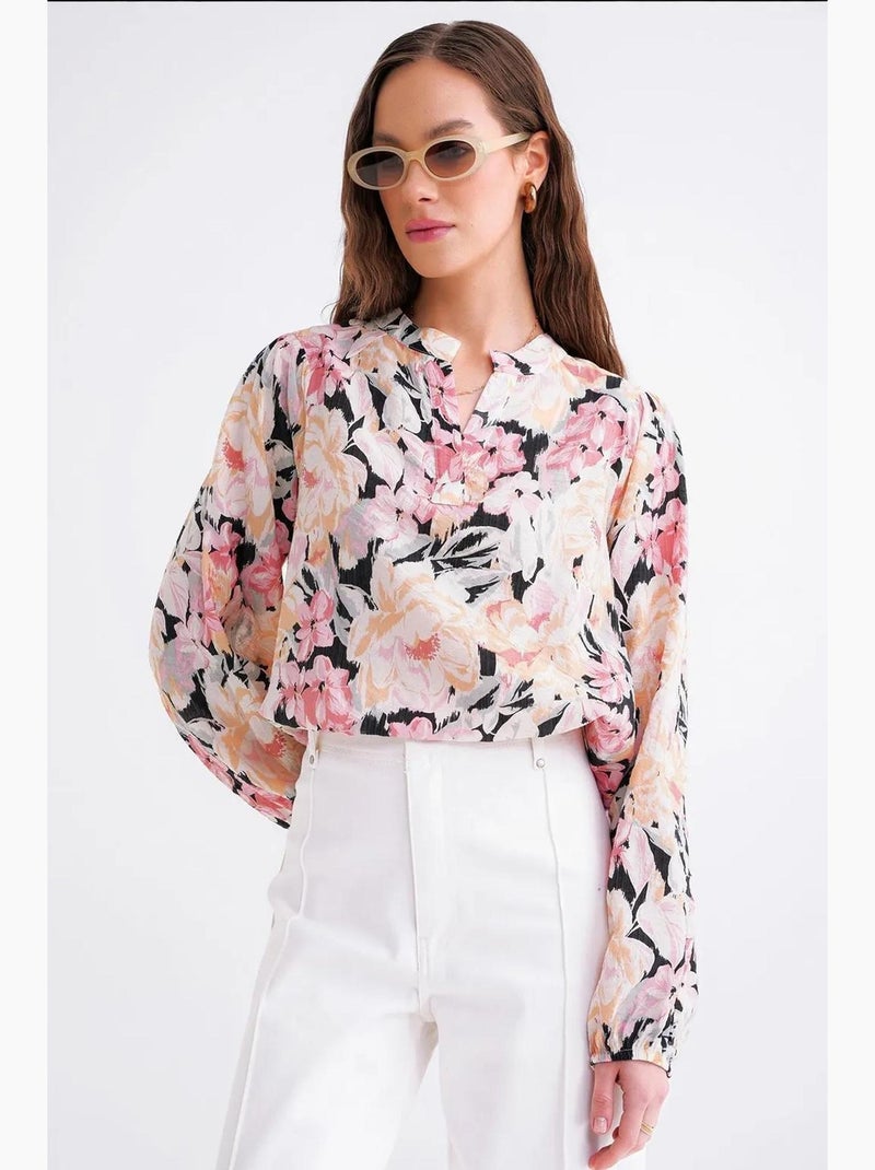 Blusa de manga comprida com estampado floral e gola mandarim mixray Rosa-pálido - Kiabi