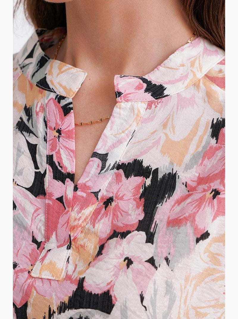 Blusa de manga comprida com estampado floral e gola mandarim mixray Rosa-pálido - Kiabi