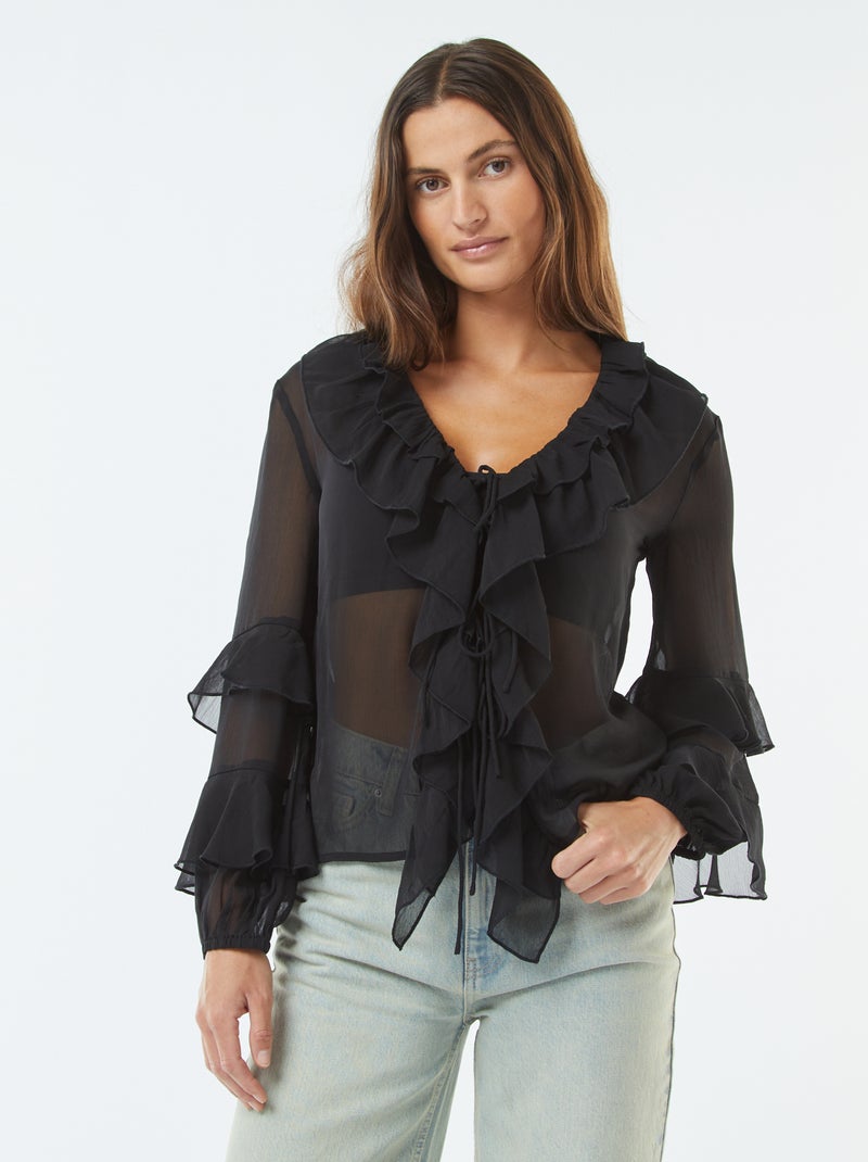 Blusa de manga comprida com folhos Preto - Kiabi