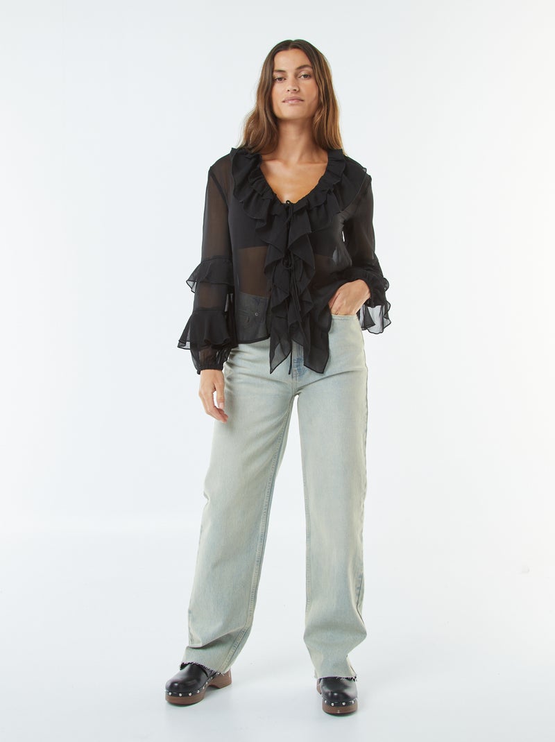 Blusa de manga comprida com folhos Preto - Kiabi